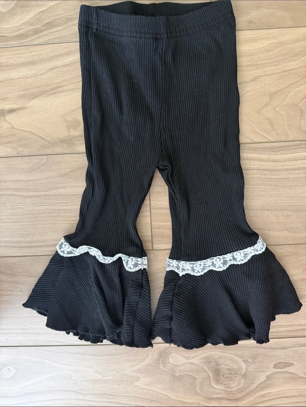 Kids Black Ribbed Top and Lace-Trim Flare Pants Set